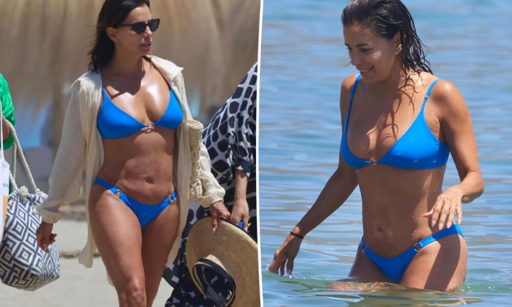 Eva Longoria, 51, displays fit figure in tiny blue bikini during beach day in Spain