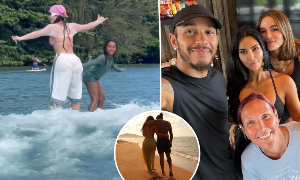 Kim Kardashian surfs in Gucci bikini on vacation with Lewis Hamilton and family