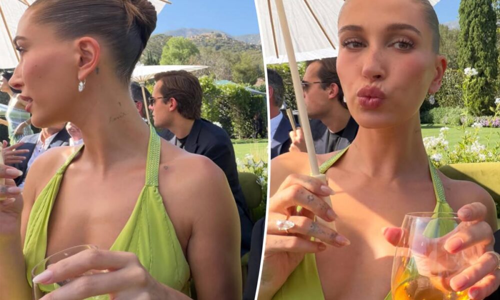 Hailey Bieber wears lime green vintage Versace gown for Finneas and Claudia Sulewski’s wedding