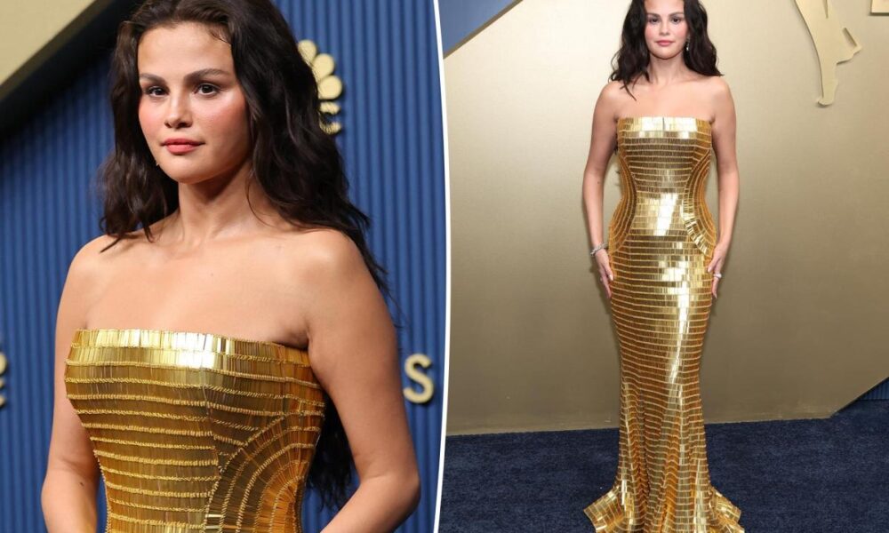 Selena Gomez wears gold beaded gown on the Emmys 2026 red carpet