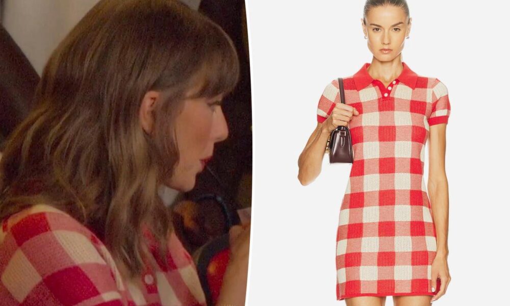 Taylor Swift cheers on Travis Kelce in red checked polo dress at Chiefs vs. Broncos game