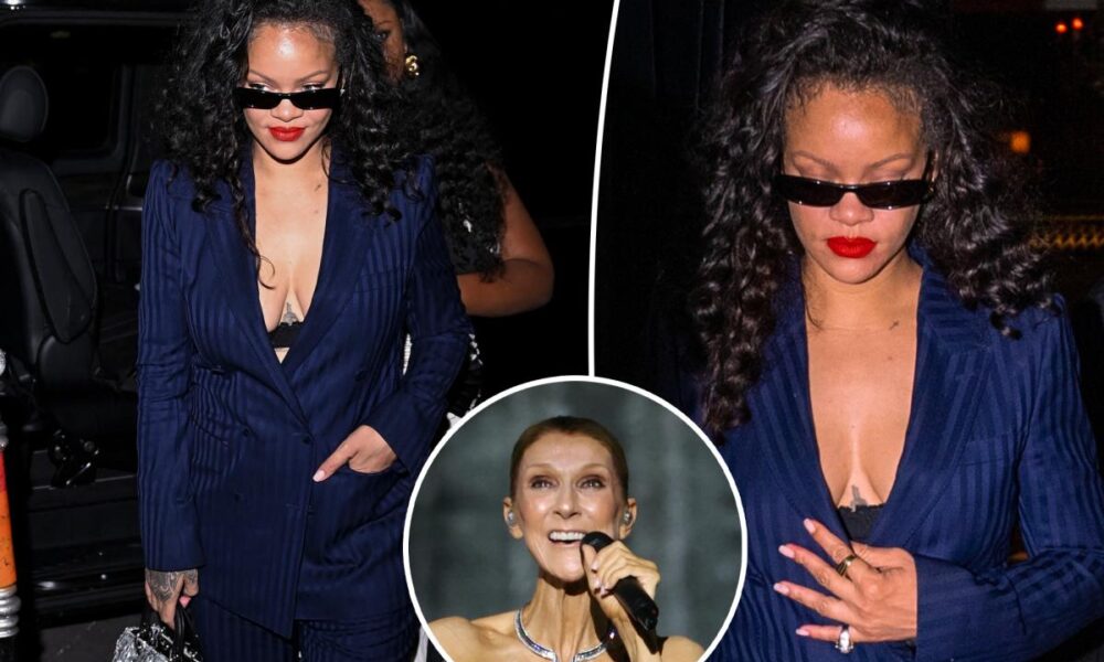 Rihanna wears Tom Ford suit, no shirt to Céline Dion’s Paris show