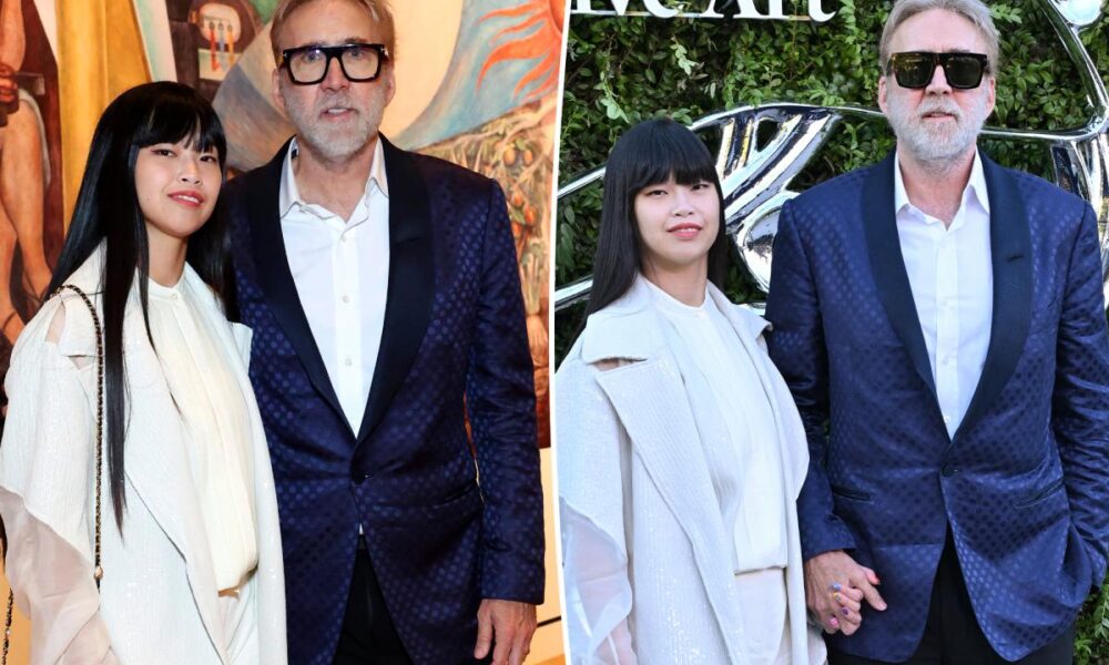 Nicolas Cage, 62, sports gray beard in rare red carpet appearance with wife Riko Shibata, 31