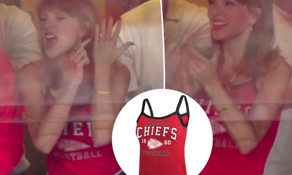 Taylor Swift sports a tank top by Erin Andrews at Chiefs vs. Colts game
