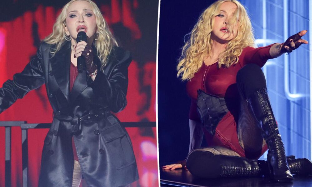 Madonna performs at the VMAs 2026 in a slinky blazer and lace-up leather