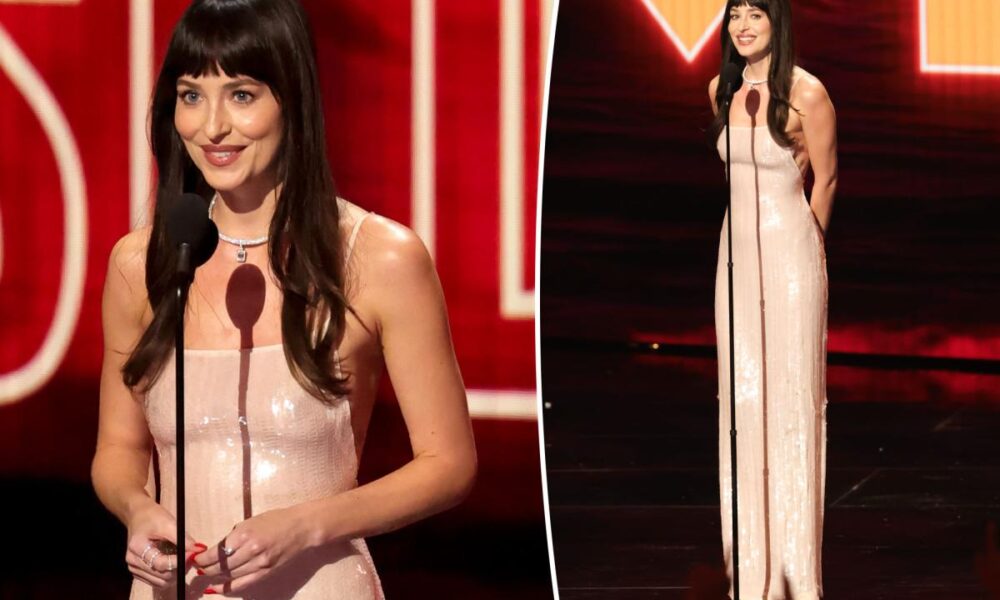 Dakota Johnson introduces Taylor Swift at VMAs 2026 in sequined gown