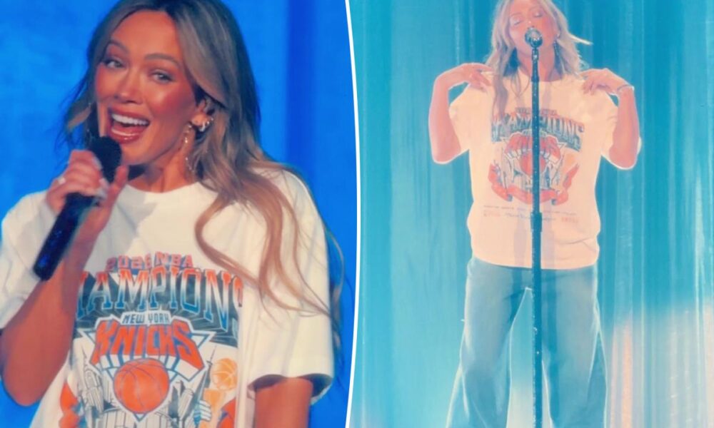 Hilary Duff reps New York Knicks with championship tee at MSG concert