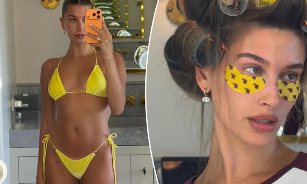 Hailey Bieber pairs velvet bikini with diamond earrings