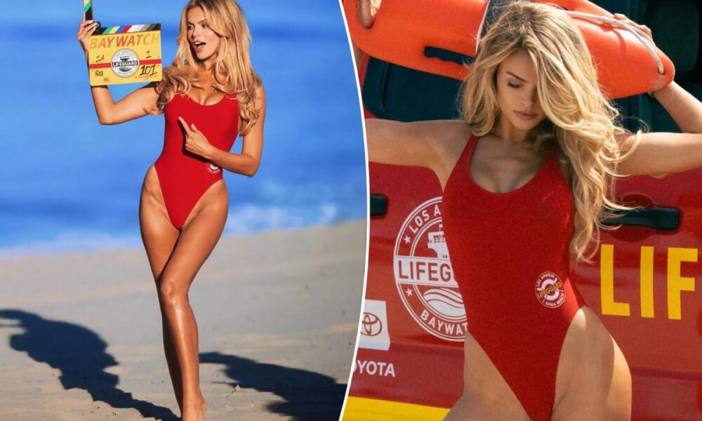 Brooks Nader sizzles in iconic red swimsuit as she shares behind the scenes snaps from ‘Baywatch’ reboot set
