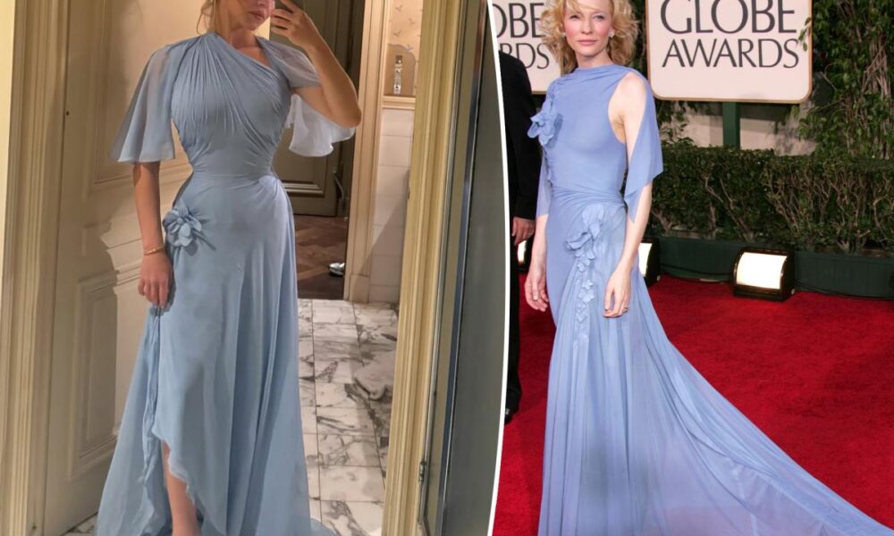 Sydney Sweeney channels Cate Blanchett Golden Globes 2005 gown in custom dress
