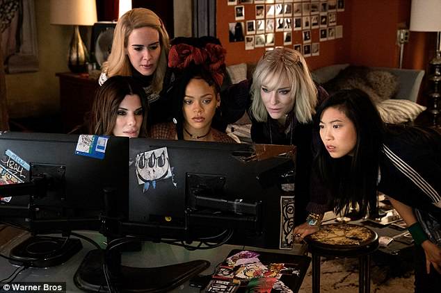The female stars of Ocean's 8 talked about the prominence of film reviews by white male critics, saying 'it seems just unfair' that one bad review can dictate so much about a film; (Left to right) Sandra Bullock, Sarah Paulson, Rihanna, Cate Blanchett and Awkwafina crowd around computers in a scene from Ocean's 8