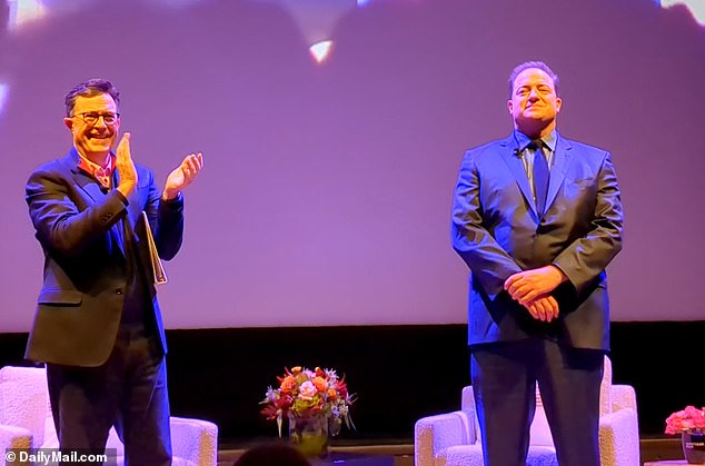 Fraser looked emotional during the standing ovation the audience gave him following the film just before he took the stage for an interview with Stephen Colbert