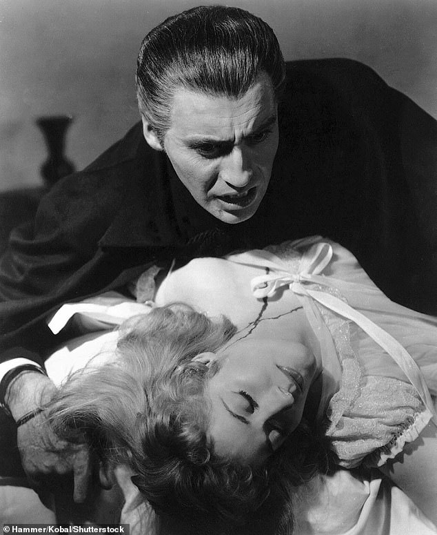 Lee's Dracula is seen after biting Melissa Stribling's Mina Holmwood in the 1958 production of Dracula