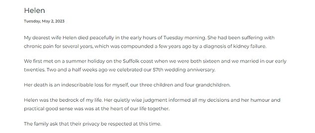 On Tuesday, Michael announced the sad news that his wife Helen had passed away just weeks after they celebrated their 57th wedding anniversary