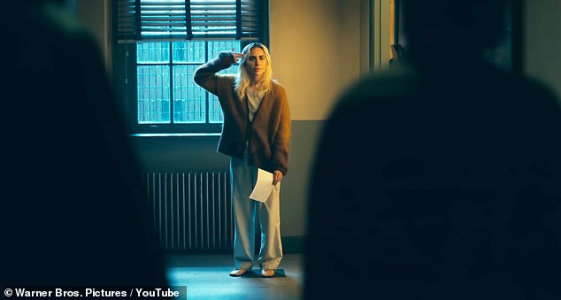 The notice appeared in connection to clip showing Lady Gaga's character Harley Quinn miming shooting herself in the head