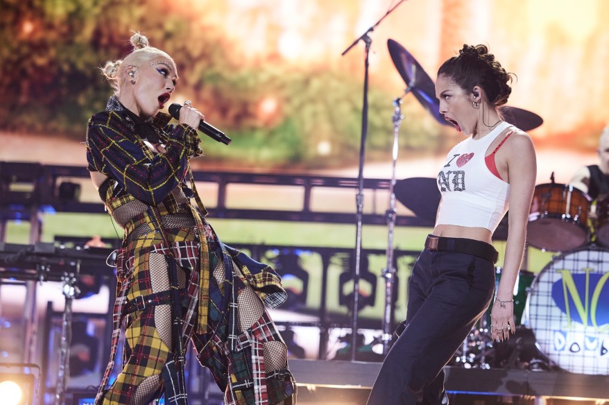 Gwen Stefani of No Doubt and Olivia Rodrigo perform at the Coachella Stage during the 2024 Coachella Valley Music and Arts Festiva