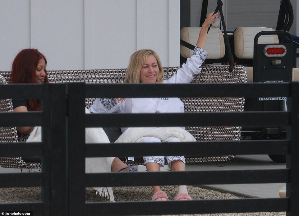 Sutton Stracke appeared in high spirits at the slumber party