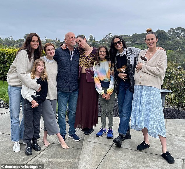 Demi Moore, 62, recently shared about her ongoing friendship and love for ex-husband, Bruce Willis; the blended family, which includes five daughters; they are pictured in 2023