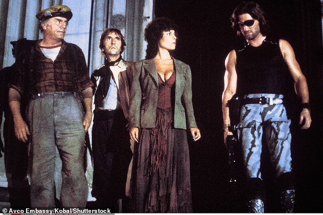 Barbeau starred in her then-husband John Carpenter's 1981 Escape from New York, which became a cult-classic, alongside Kurt Russell (right), Harry Dean Stanton (middle left) and Ernest Borgnine (left)